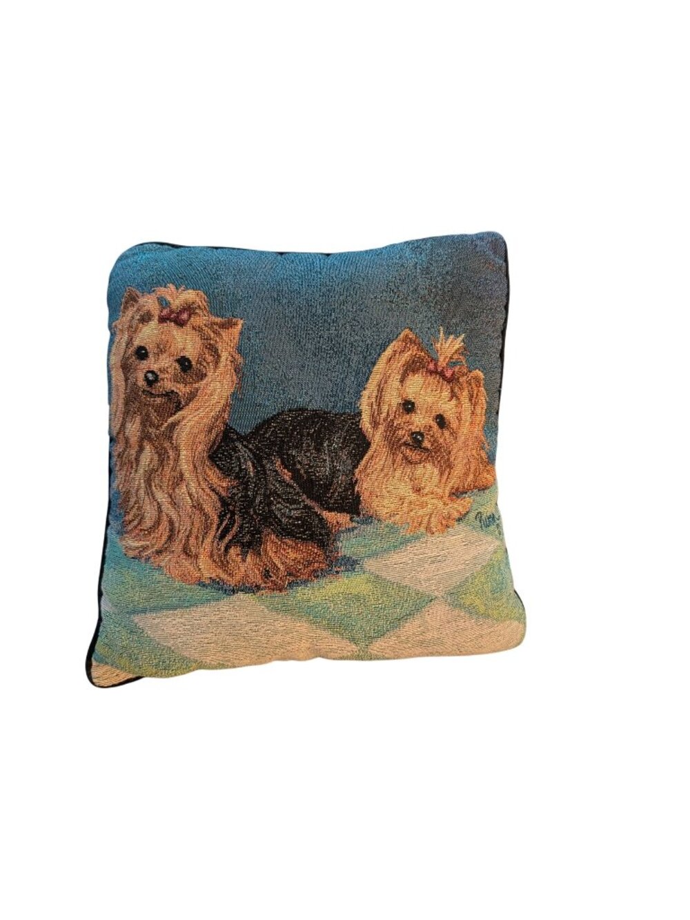 Yorkshire Terrier Tapestry Throw Pillow With Black Backing 16"x16" Decorative Cu